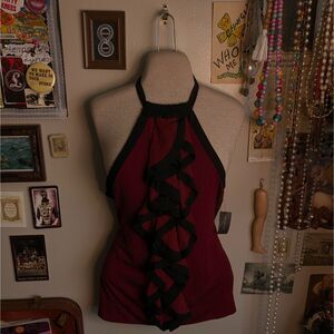 Ruffled Halter Tied Tank Top Blouse Women's Medium Dark Red Black Y2K